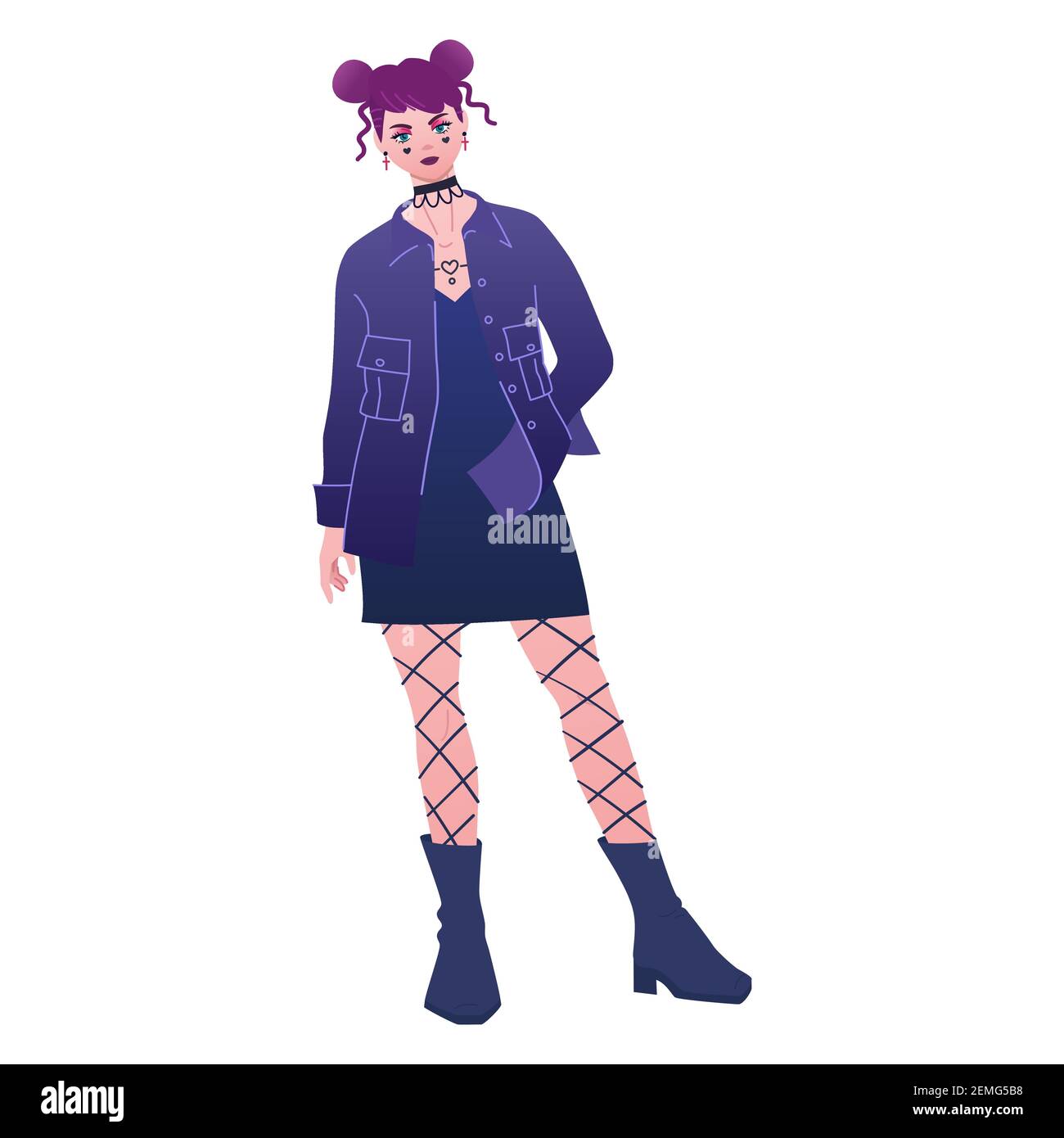 E-girl wears trendy outfit. Punk fashion dark look, new emo style. Young girl in modern outfit with odango hair, short slip dress and shirt jacket Stock Vector