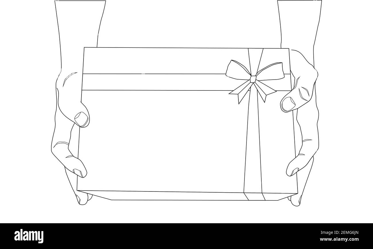 Gift box in hands. Valentines Day. Christmas and New Year. Two hands hold surprise, present. Line art vector illustration. Stock Vector