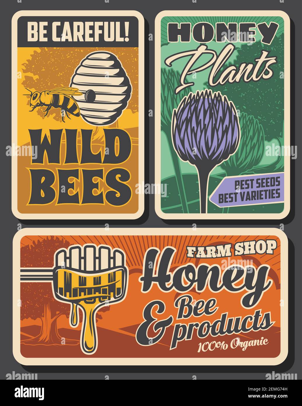 Beekeeping farm and honey production retro posters. Bees hive or nest, clover flowers and tree, wooden dipper with dipping fresh honey vector. Wild be Stock Vector
