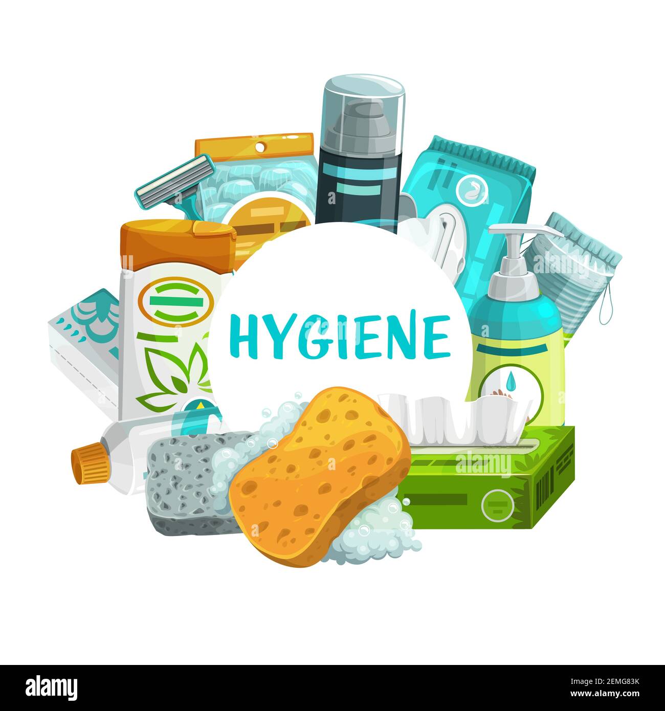 Hygiene and body care products vector round frame. Shaving foam, razor blade and sponge with