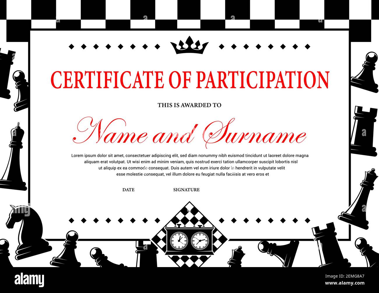 Chess tournament participation certificate, award diploma vector