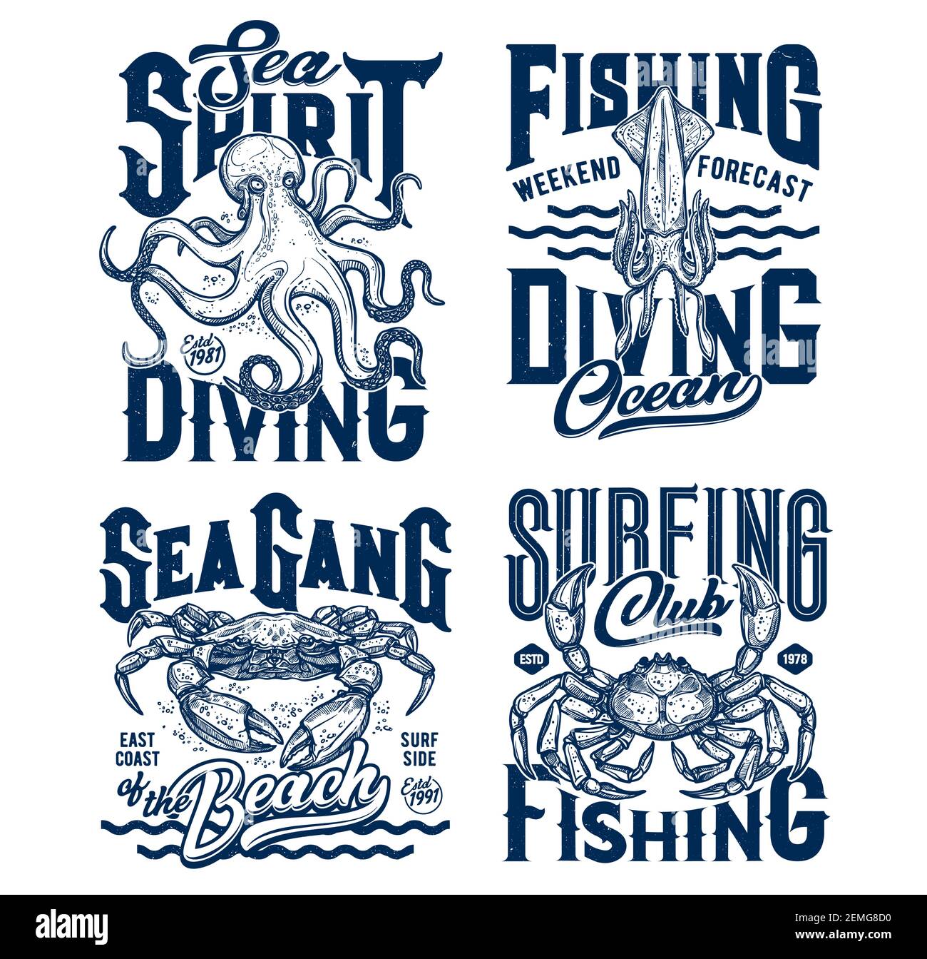Tshirt prints with underwater animals vector sketch squid, crab and ...