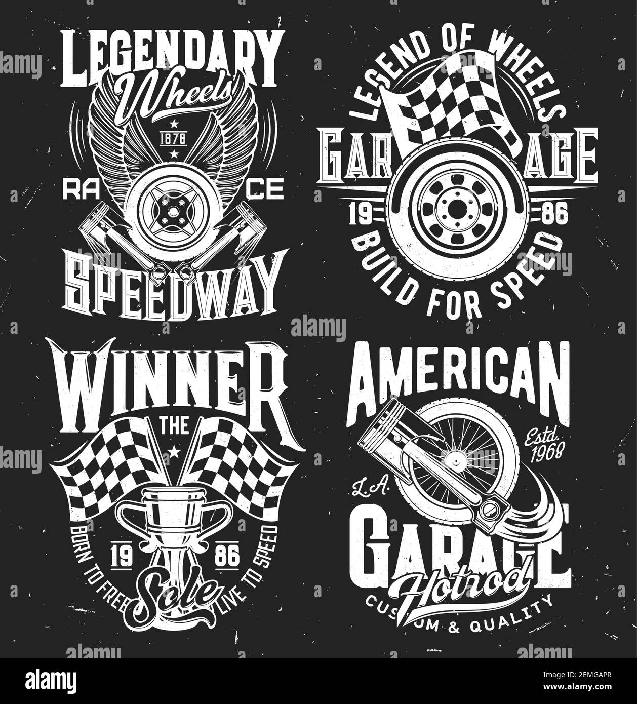 Car rally tshirt prints with vector checkered flag vehicle wheel