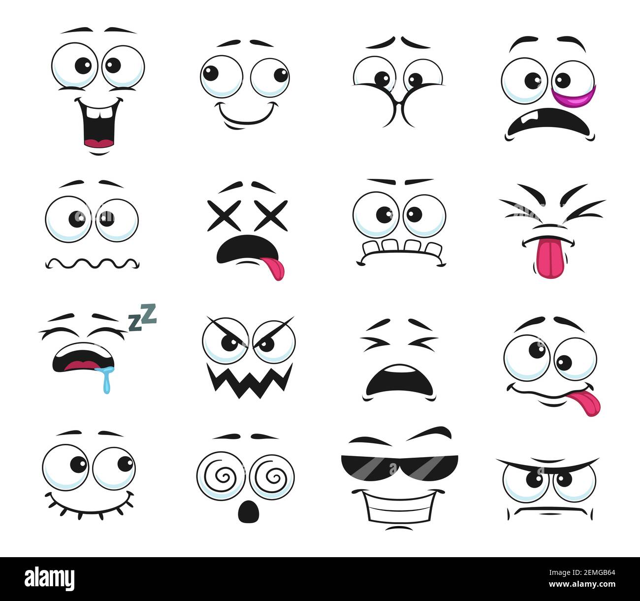 Cartoon face expressions vector icons, funny emoji cool sunglasses, toothy  and hypnotized, sleeping, bruise on eye, laughing and sad. Facial emoticon  Stock Vector Image & Art - Alamy