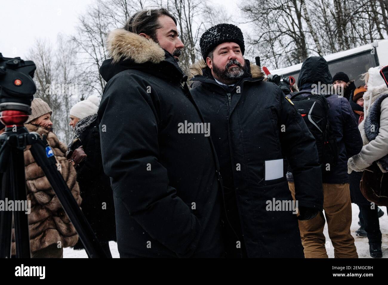 S.A.I. Grand Duke George Mikhailovich of Russia, (Georgi Mikhailovich Romanov) and Prince Joachim Murat attend the funerals of grumbling Napoleonians and Tsarist soldiers near the Viazma battlefield. These 120 soldiers died during the Battle of Viazma on November 3, 1812. The bodies were found in a mass grave. Viazma, Russia, February 13, 2021. Photo via DNphotography/ABACAPRESS.COM Stock Photo