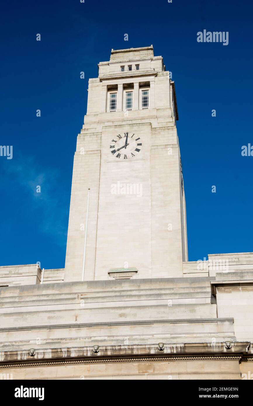 Leeds – 31 July 2017 : The Parkinson Building’s art deco clock tower has featured on University of Leeds logo since 2006 Stock Photo
