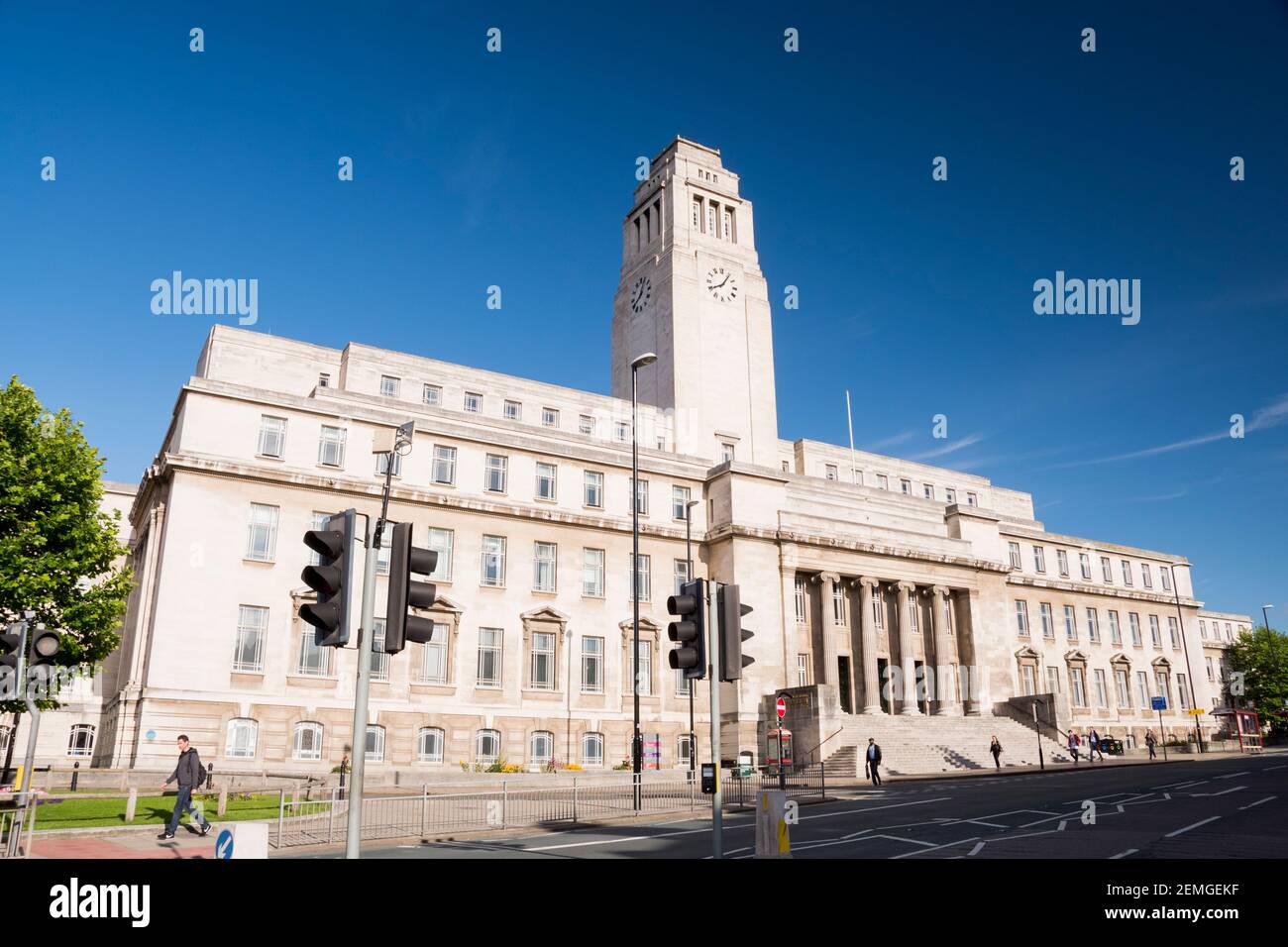 Leeds – 31 July 2017 : The Parkinson Building’s art deco clock tower has featured on University of Leeds logo since 2006 Stock Photo
