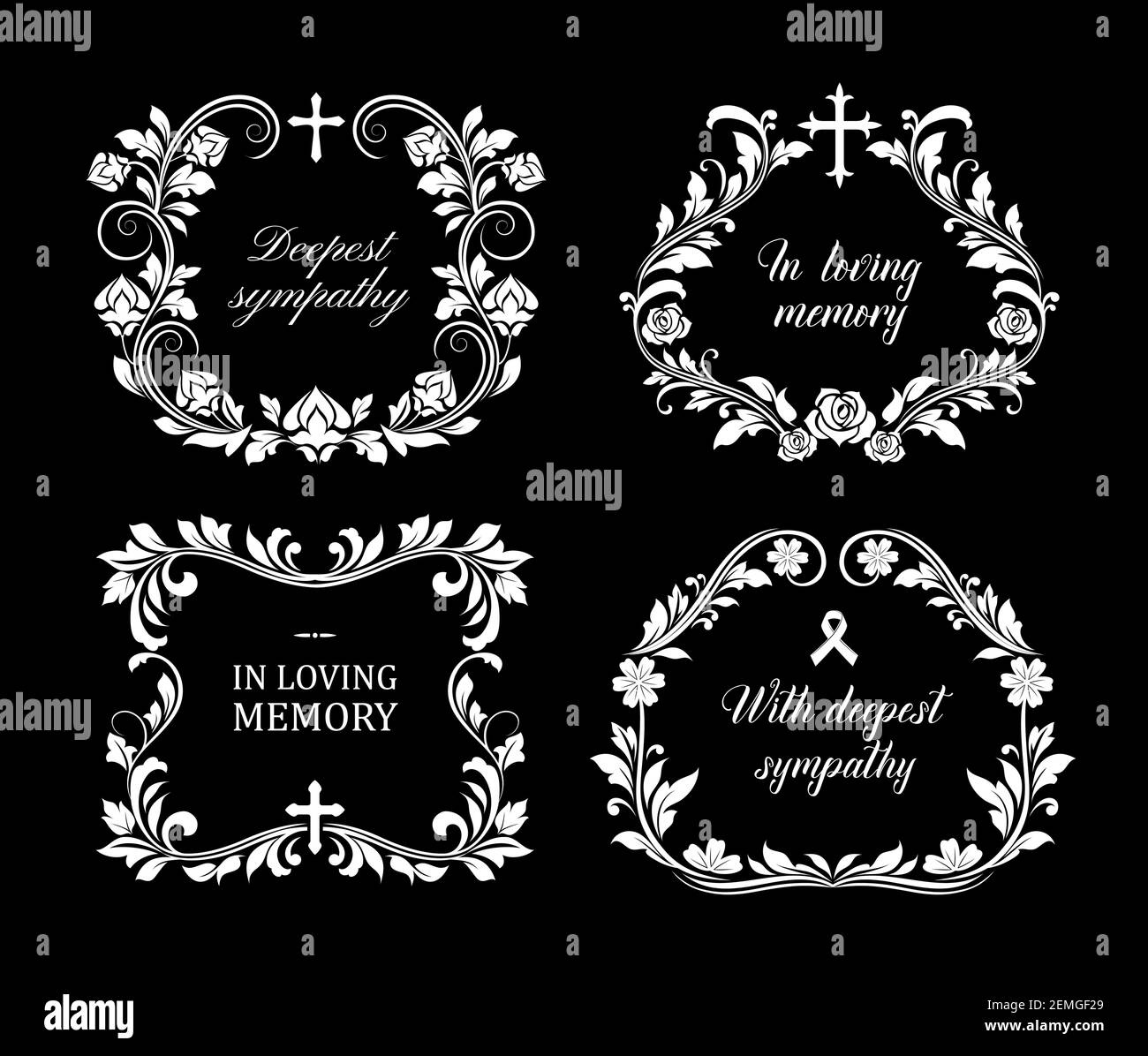 Funeral vector frames, isolated borders of floral design with blossoms and leaves. Mourning white flowers, flourishes, ribbon condolence typography. O Stock Vector