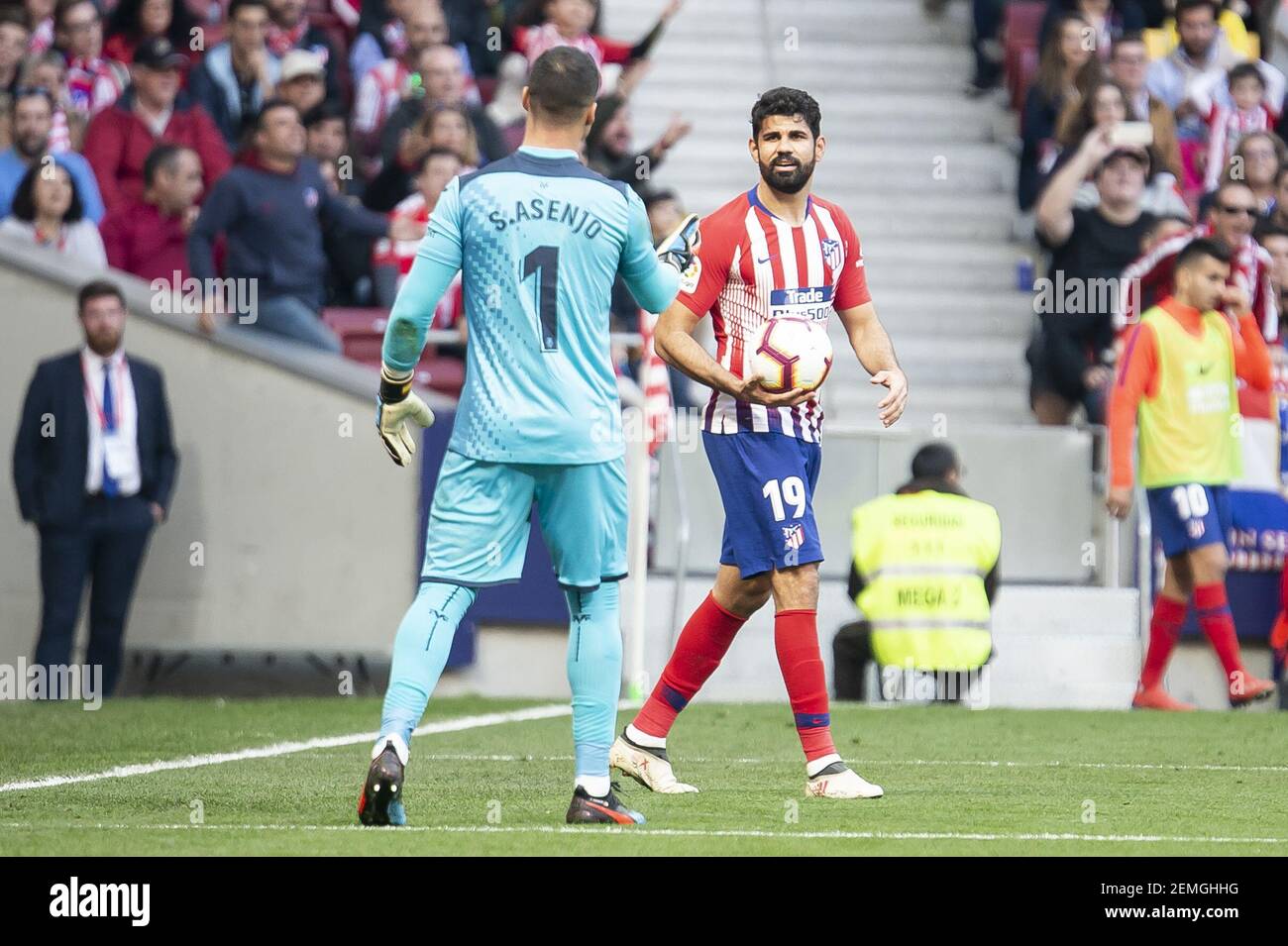 Diego Costa Of Atletico De Madrid And Sergio Asenjo Of Villareal Cf During La Liga Match Between Atletico De Madrid And Villareal Cf At Wanda Metropolitano In Madrid Spain February 24 2018