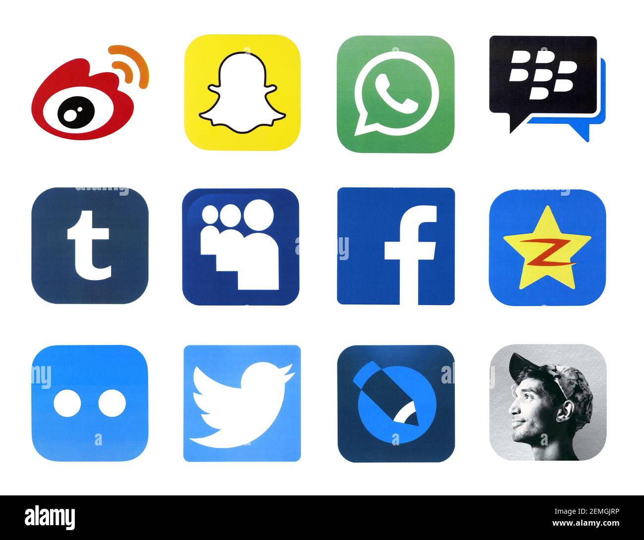 KHARKOV, UKRAINE - FEBRUARY 24, 2021: Many icons of popular social networks and messengers printed on white paper. Logos of modern communication porta Stock Photo