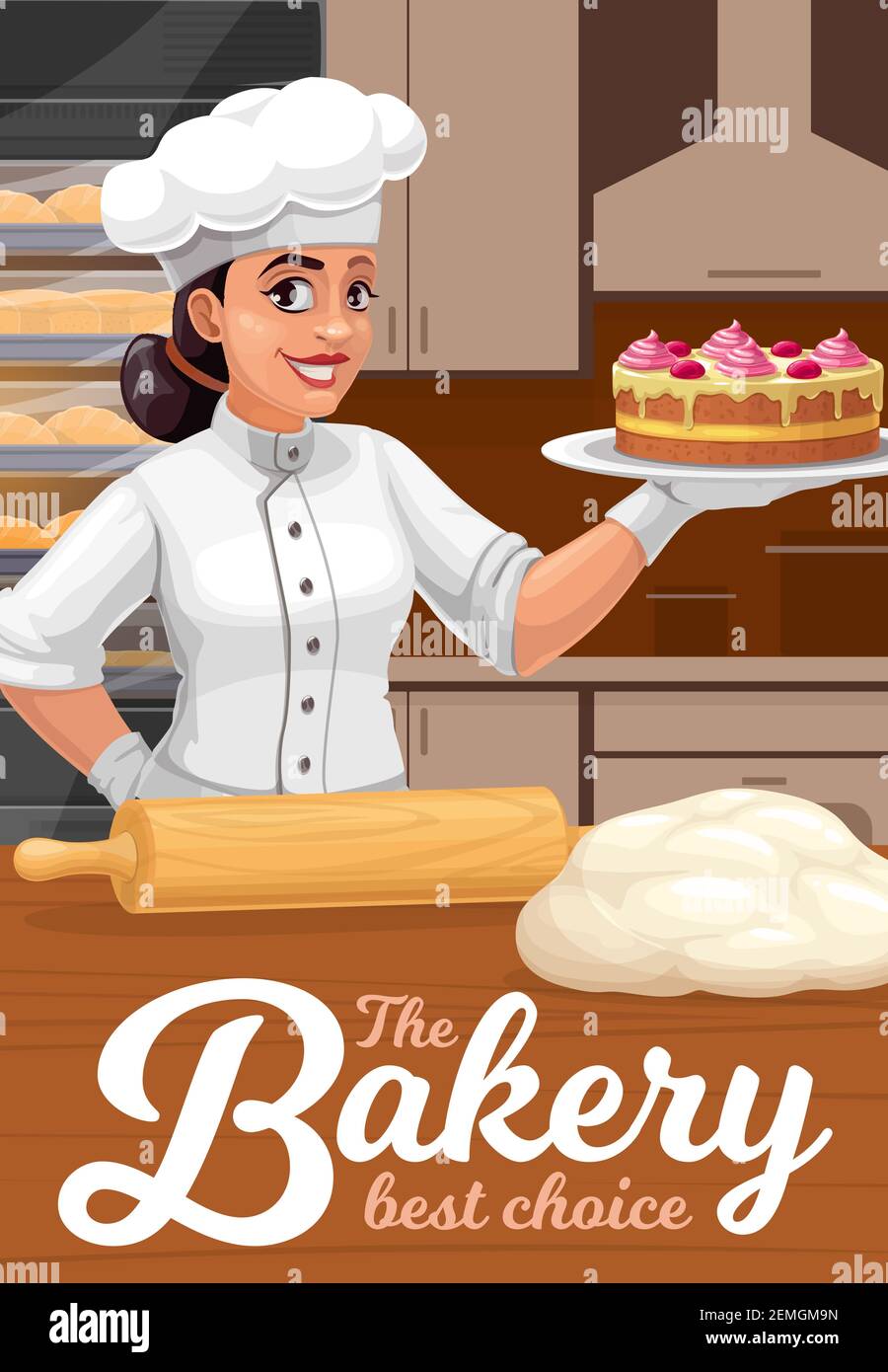 Patisserie, bakery and pastry shop baker with cake, vector poster
