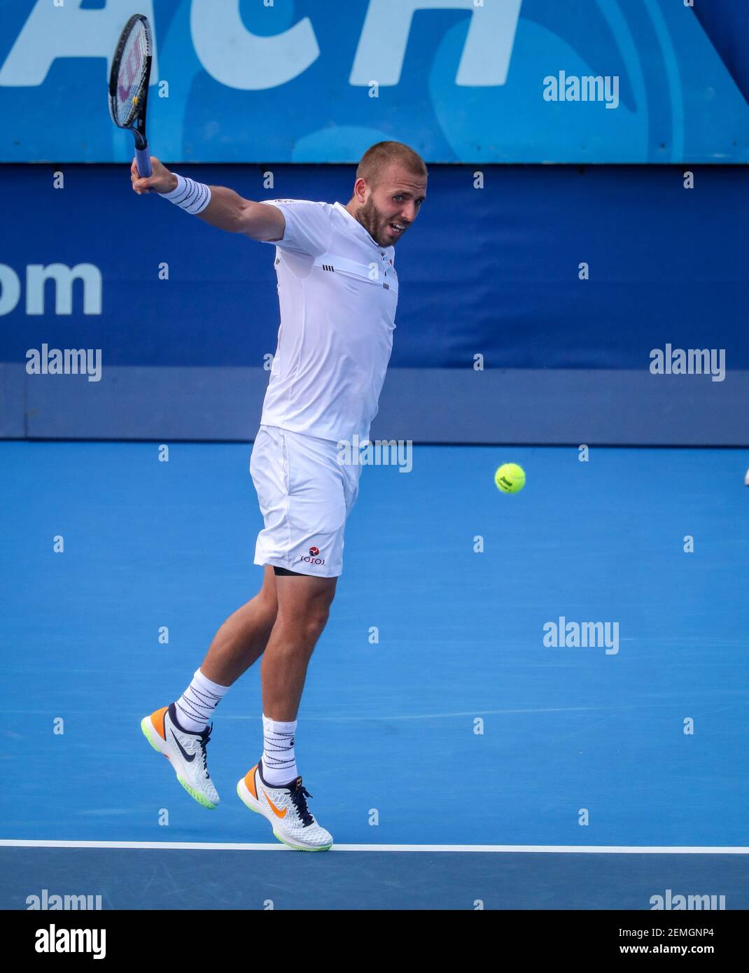 February 24, 2019: Daniel Evans, of Great Britain, hits a backhand against Radu  Albot, of Moldova during the singles final of the 2019 Delray Beach Open  ATP professional tennis tournament, played at