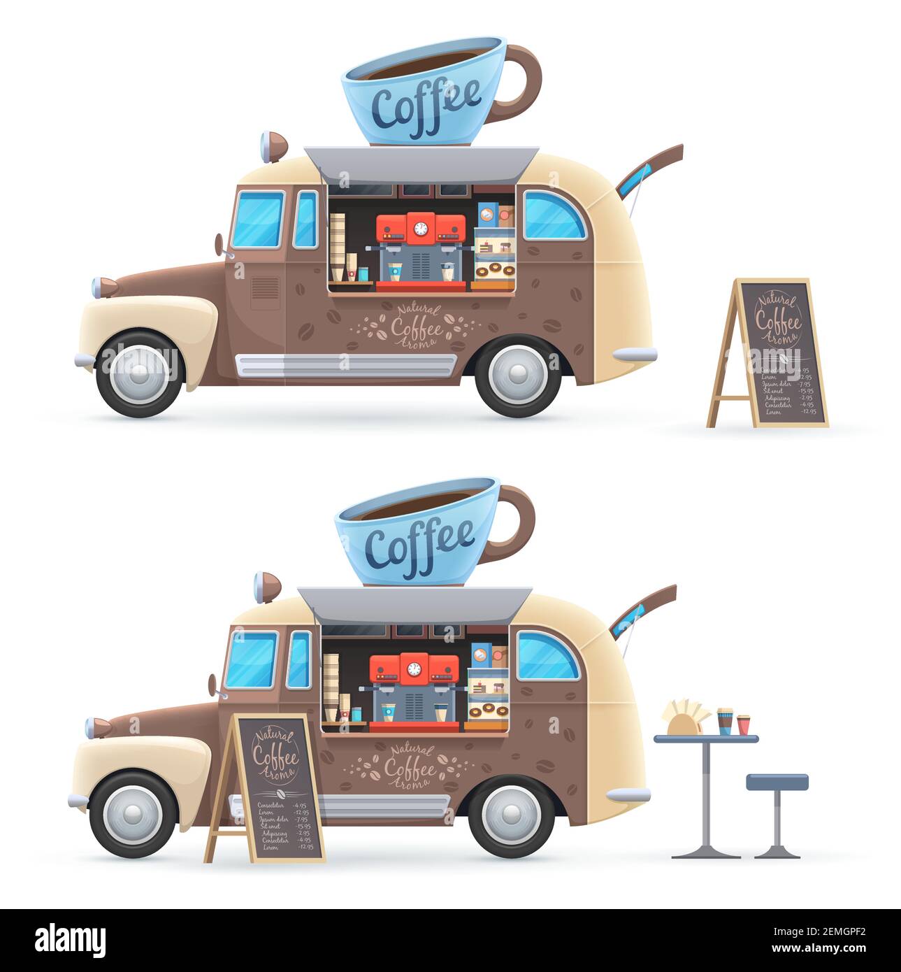 Coffee food truck isolated vector retro van with huge cup on roof, coffee  machine, chalkboard menu and table with chair. Cartoon transportation car  fo Stock Vector Image & Art - Alamy