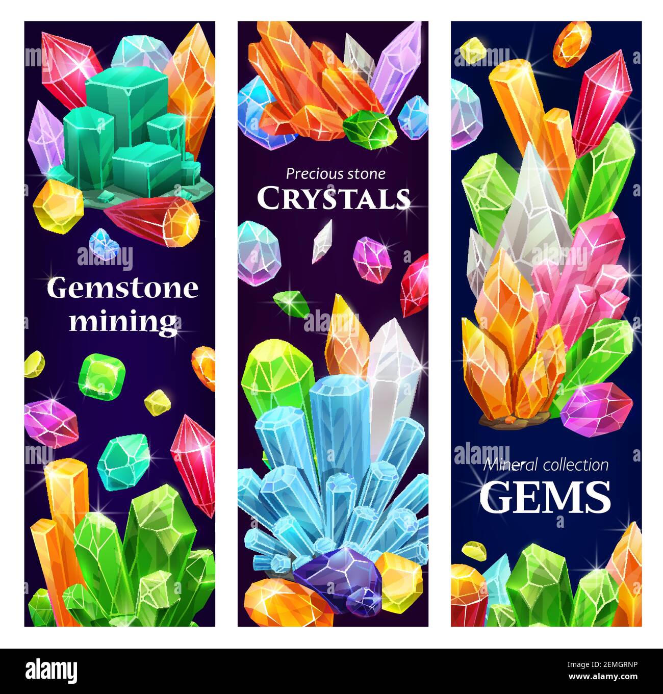 Crystal gems gemstones cartoon vector banners with jewel gem stones mining. Natural multicolored jewelry and magic crystals collection semiprecious Stock Vector Image Art Alamy