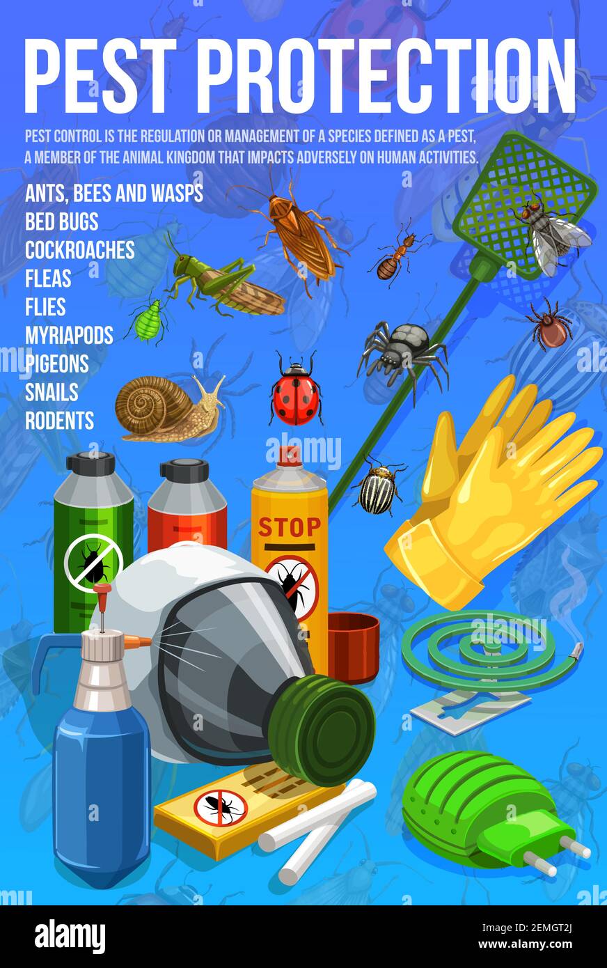 Pest control, insect protection service vector poster. Disinsection, pests extermination control. Toxic insecticide bottles, gas mask and fumigator wi Stock Vector