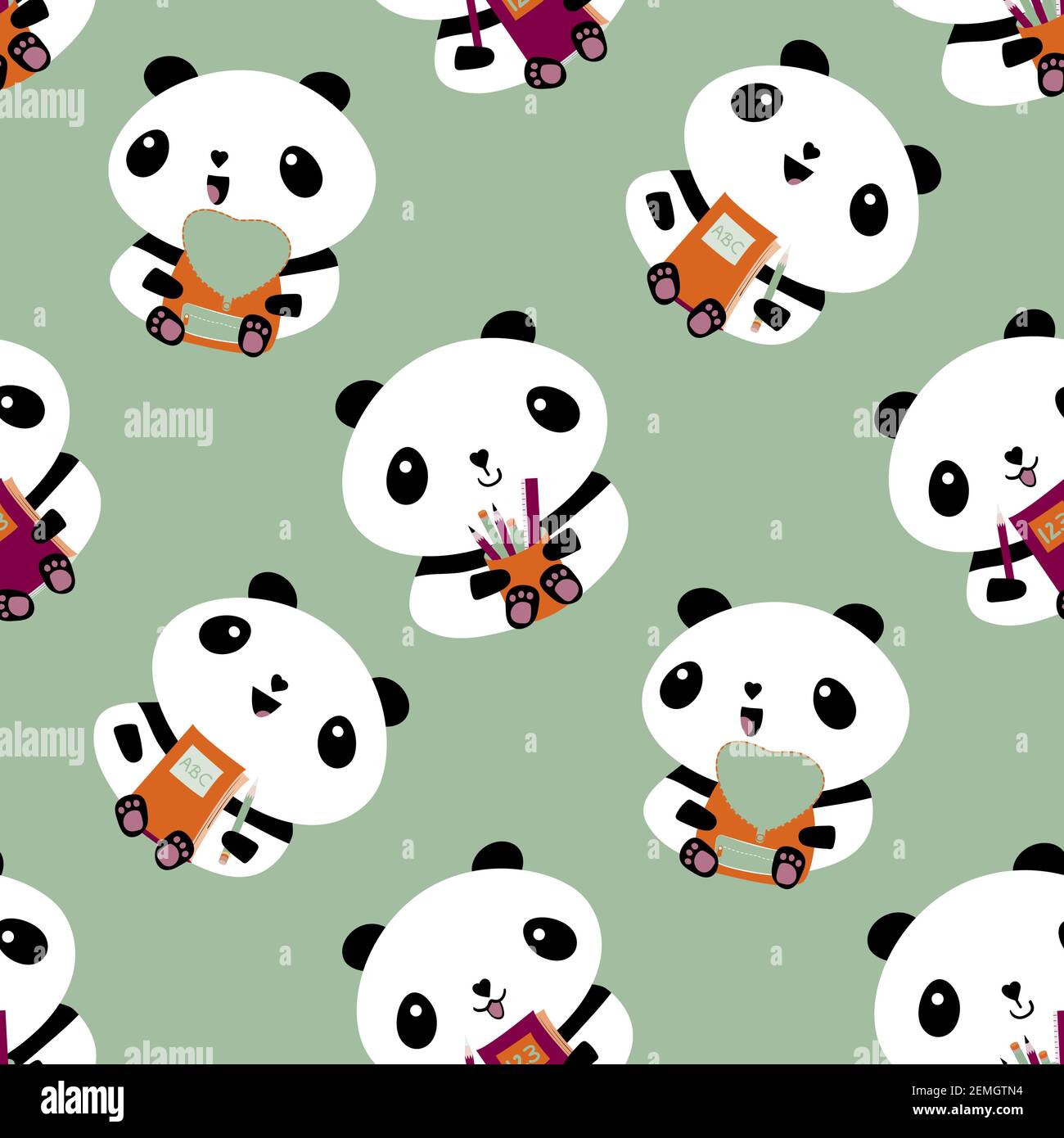 Cute Kawaii vector panda seamless pattern background. Sitting cartoon bears holding backpacks, notebooks, pencil holders on light green backdrop.Fun Stock Vector