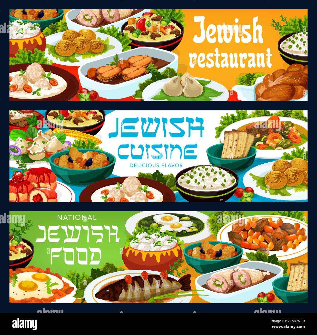 Jewish cuisine restaurant meals vector banners. Shakshuka eggs, lamb