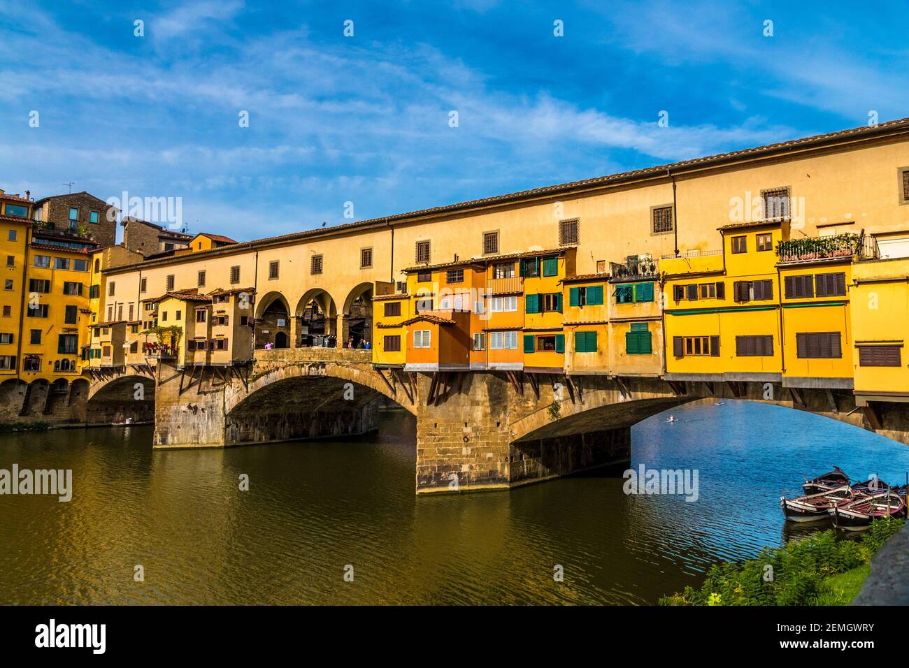 Beautiful close-up view of the medieval bridge Ponte Vecchio over the ...