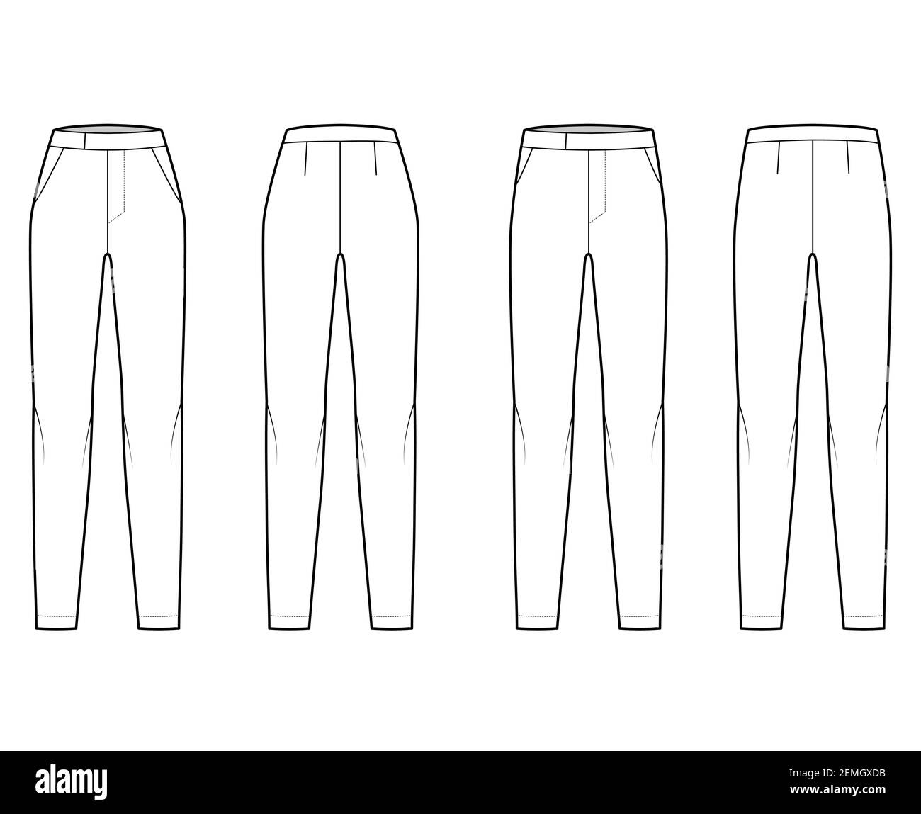 Set of cigarette Pants technical fashion illustration with extended normal  low waist, high rise, full length