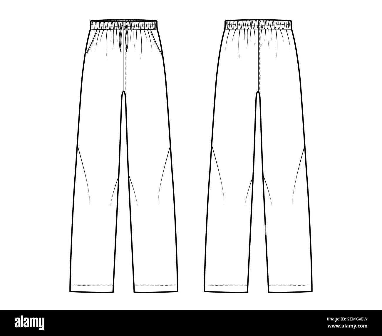 Pajama pants technical fashion illustration with elastic low waist, rise, full length