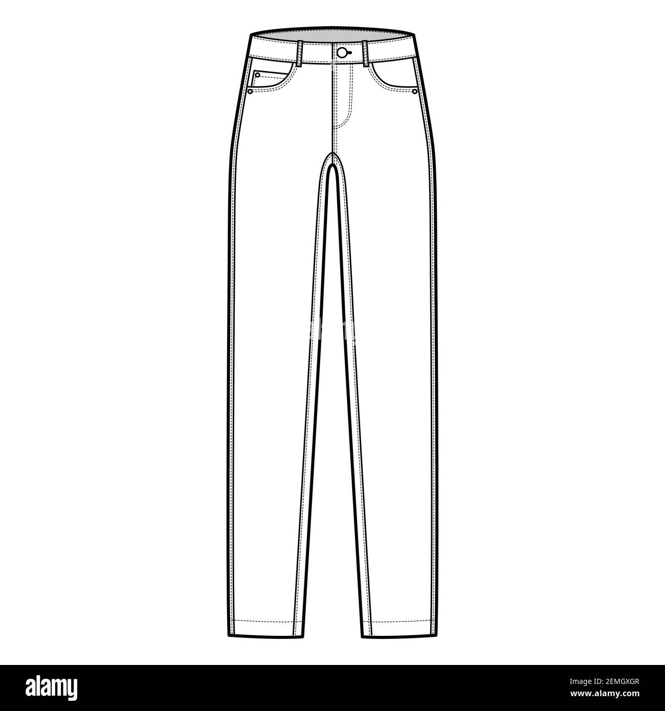 Skinny Jeans Denim pants technical fashion illustration with full length, low waist, rise, curved, coin, angled 5 pockets, Rivets. Flat bottom template front, white color style. Women, men CAD mockup Stock Vector