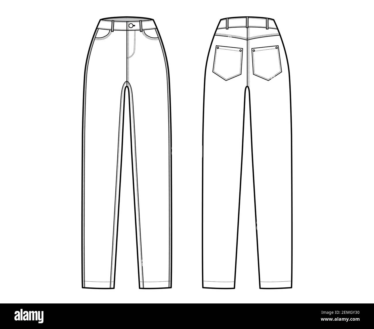 Skinny Jeans Denim pants technical fashion illustration with full length,  normal waist, high rise, coin, angled