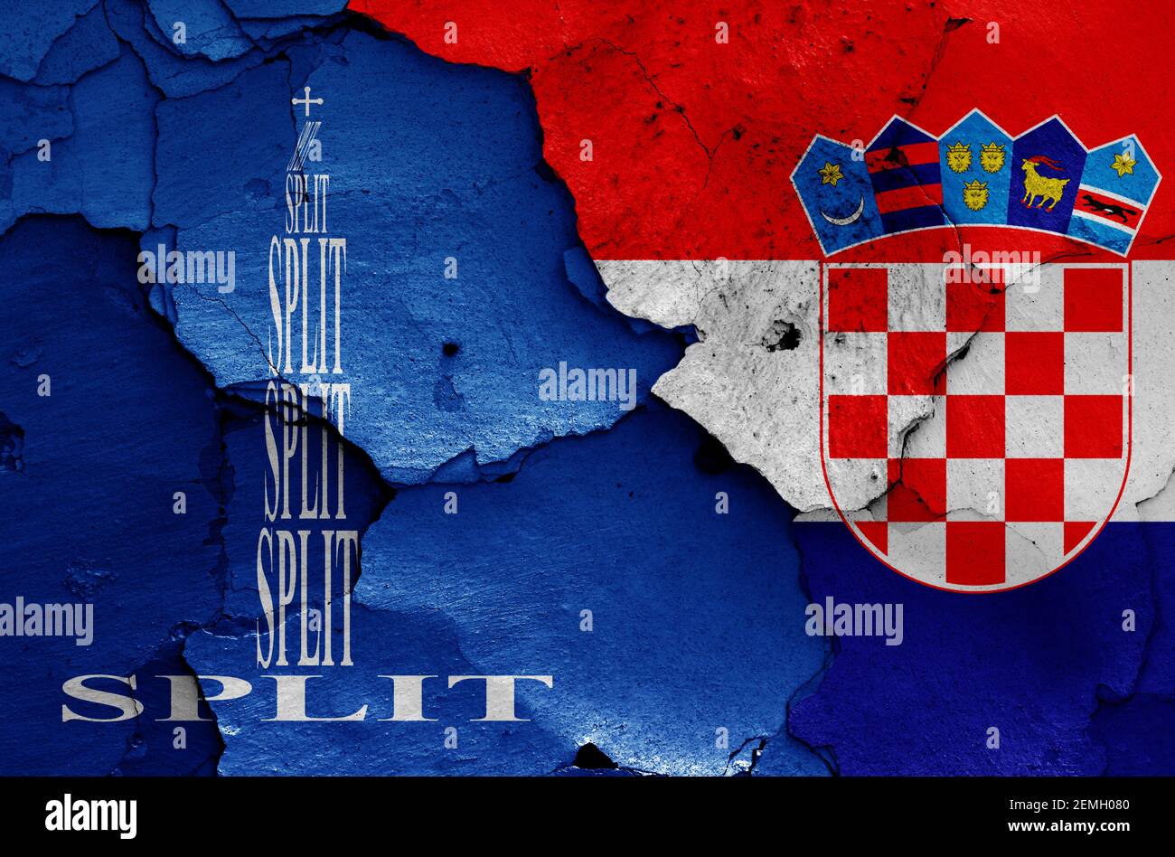 flags of Split and Croatia painted on cracked wall Stock Photo