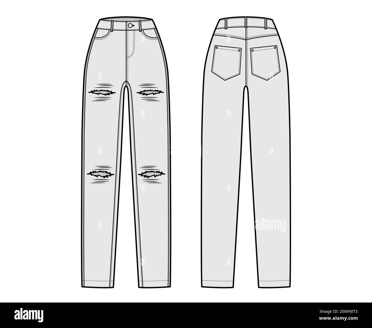Ripped Jeans distressed Denim pants technical fashion illustration with  full length, normal waist, rise, coin, angled