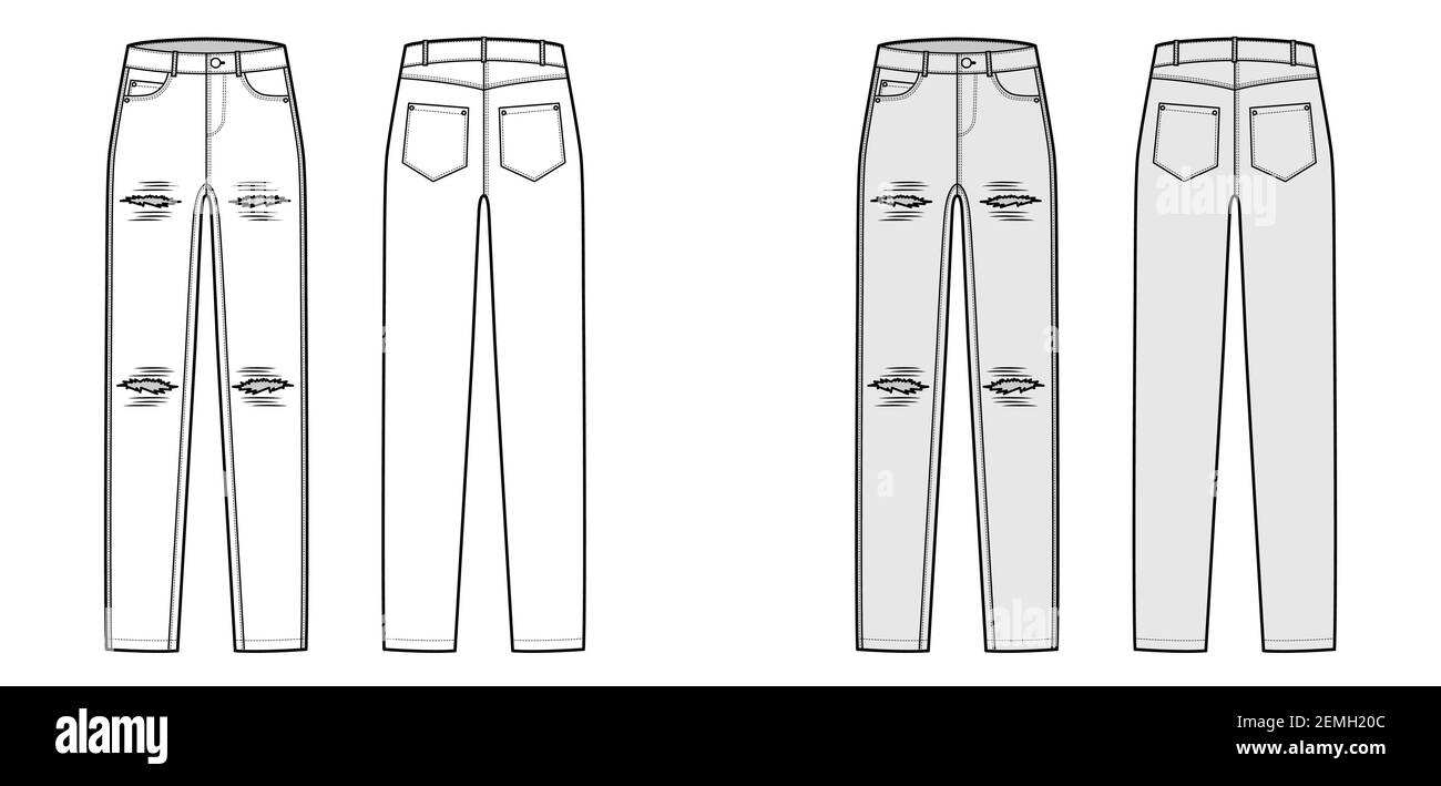 Ripped Jeans distressed Denim pants technical fashion illustration with  full length, normal waist, high rise, 5 pockets, Rivets. Flat bottom front,  back, white grey color style. Women, men CAD mockup Stock Vector