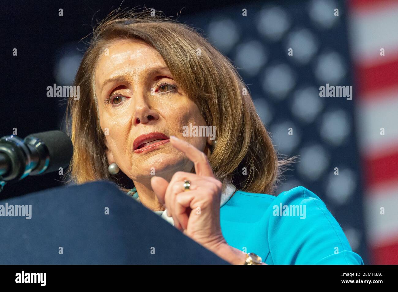 U.S. House Speaker Nancy Pelosi is seen offering remarks before the signing of the New York State "Red Flag" gun control bill at the Gerald W Lynch Theater at John Jay College of Criminal Justice in New York, NY, USA on February 25, 2019. (Photo by Albin Lohr-Jones/Sipa USA) Stock Photo