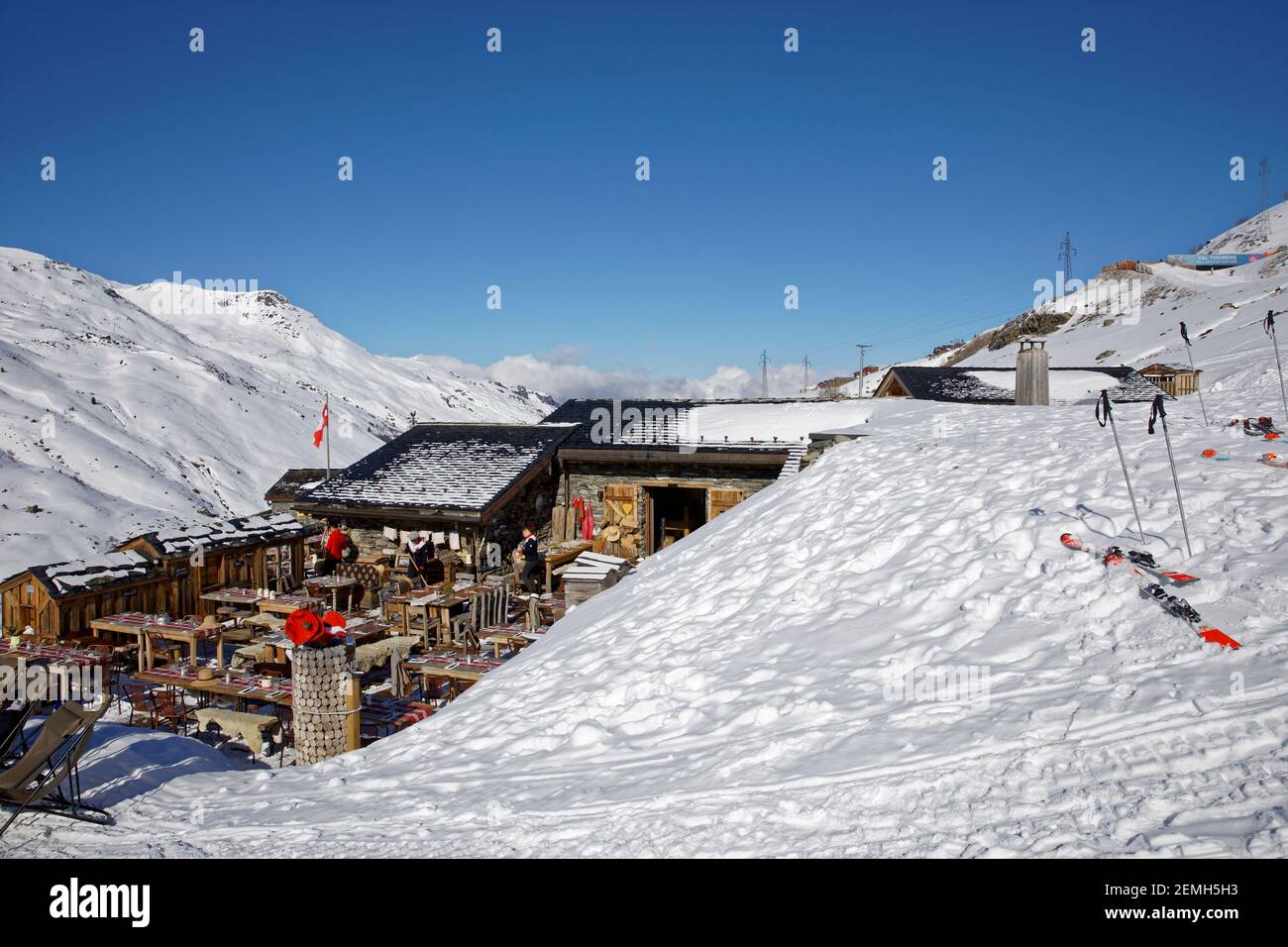 Val Thorens, France - February 18, 2020: Typical high altitude restaurant 'Chez pépé Nicolas' between Val Thorens and Les Menuires resort Stock Photo