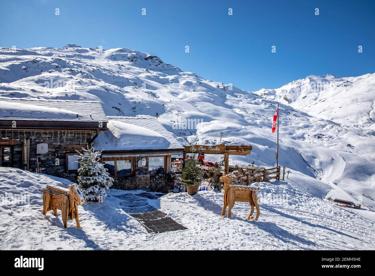 Val Thorens, France - February 18, 2020: Typical high altitude restaurant 'Chez pépé Nicolas' between Val Thorens and Les Menuires resort Stock Photo