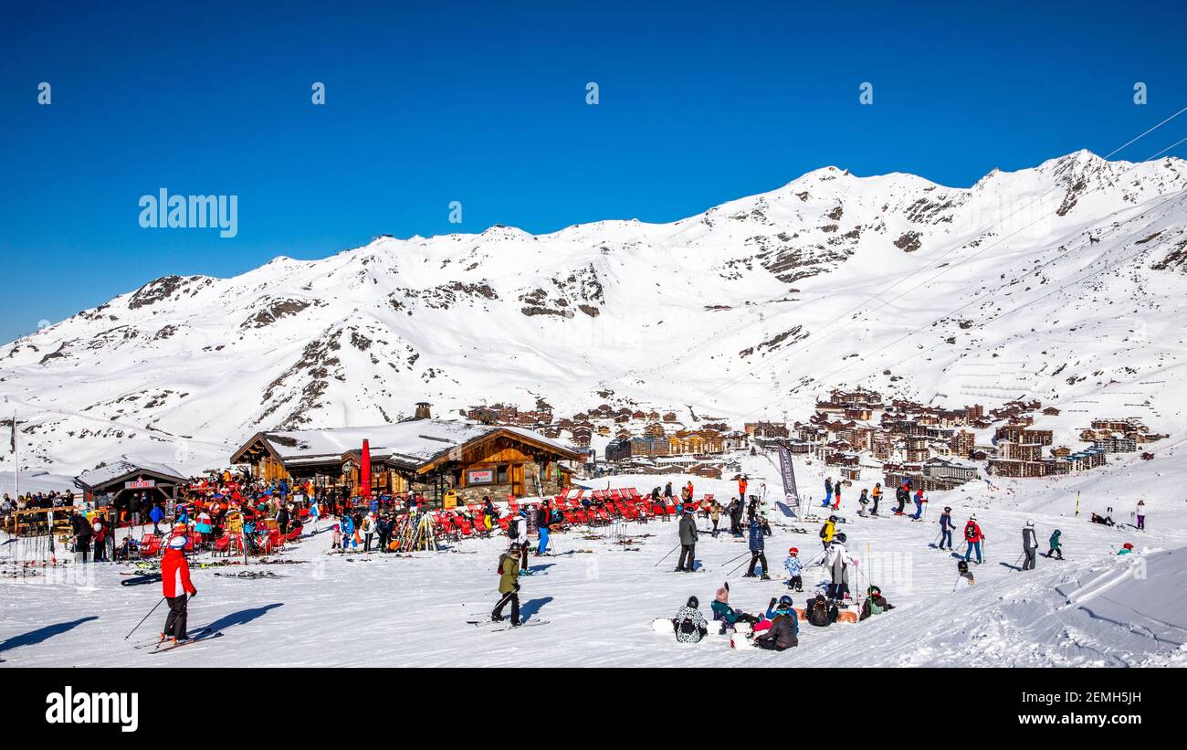 Val Thorens, France - February 18, 2020: High altitude restaurant on the slopes of Val Thorens resort Stock Photo