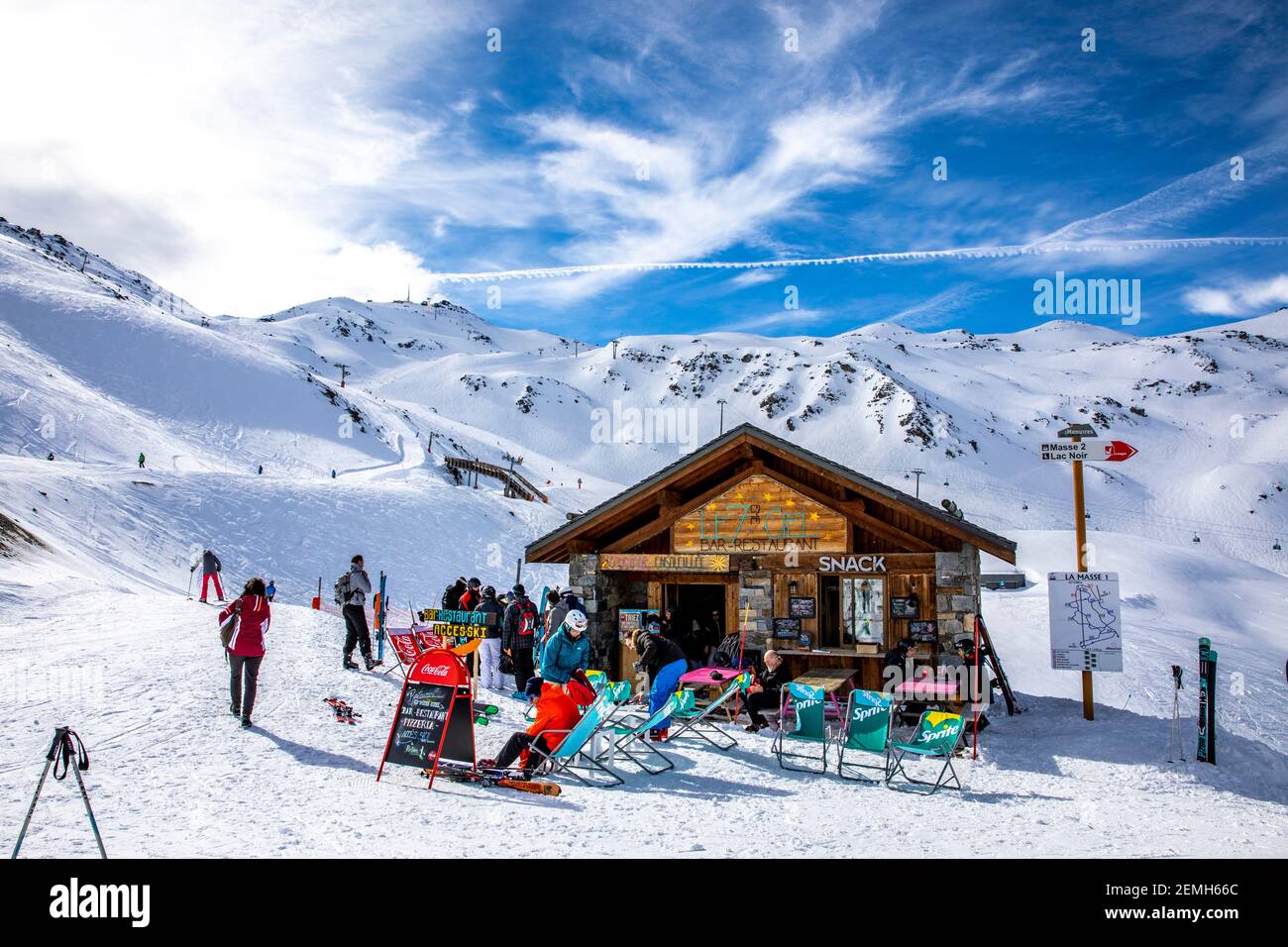 Val Thorens, France - February 16, 2020: High altitude restaurant on the slopes of Val Thorens resort Stock Photo