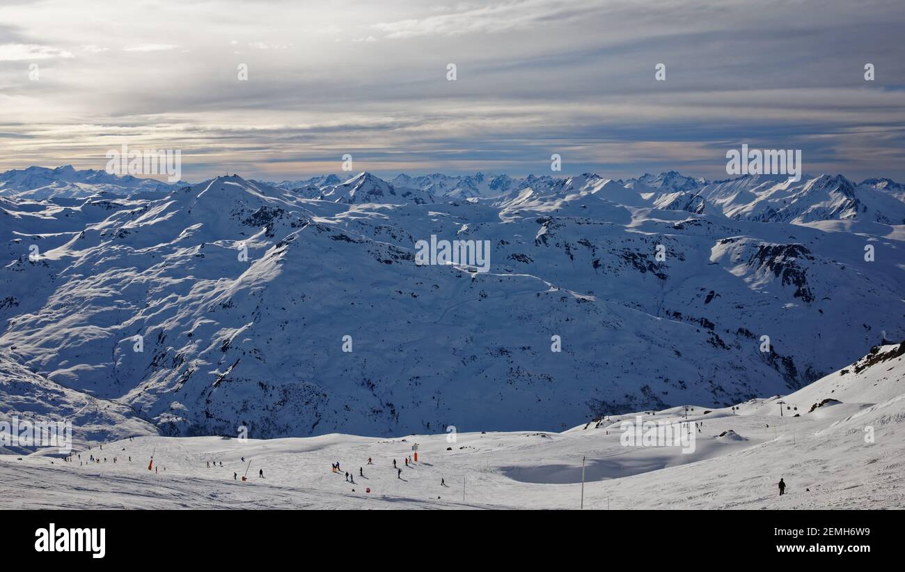 Val Thorens, France - March 3, 2019: Val Thorens slope in French Savoie at sunset Stock Photo