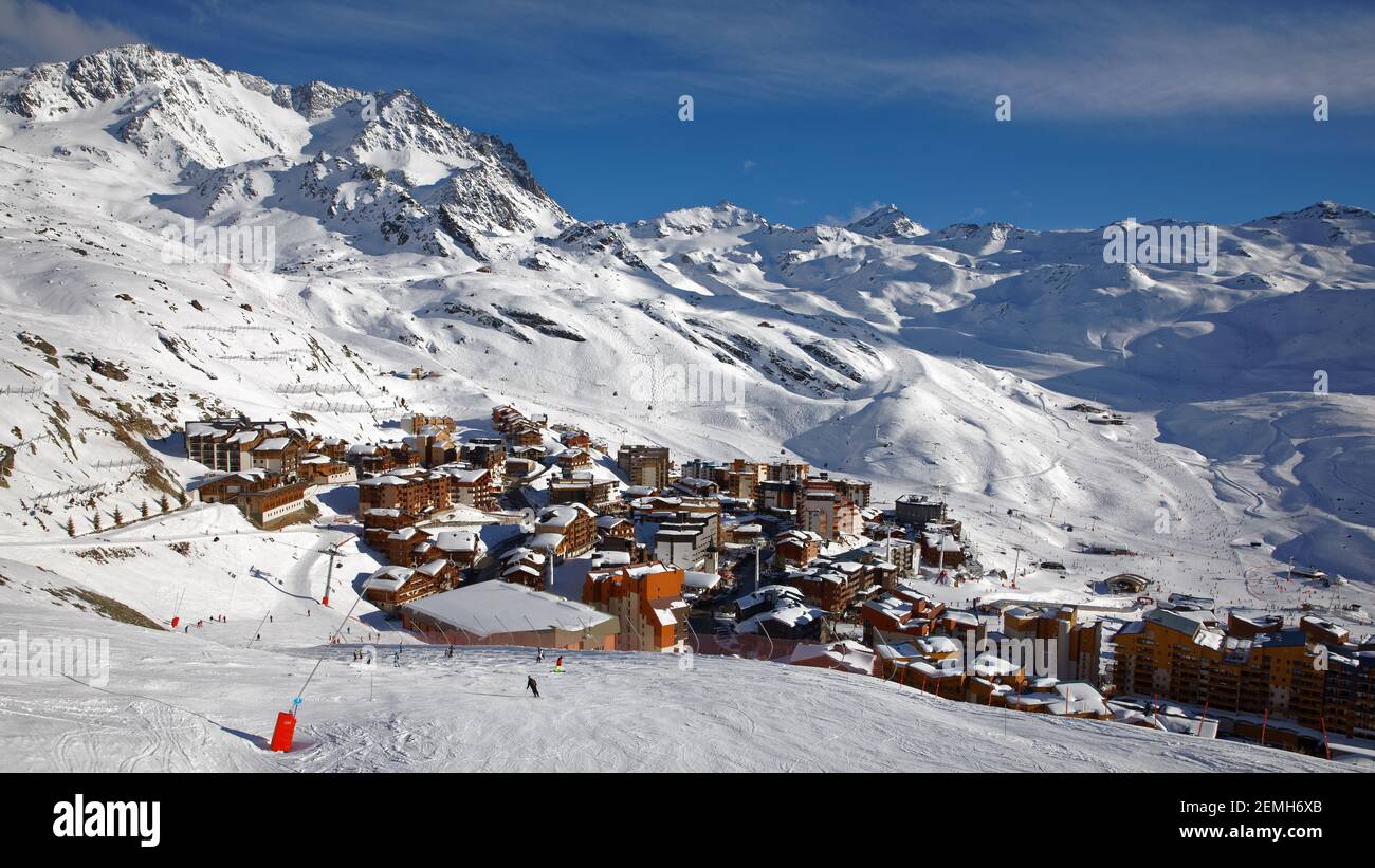 Val Thorens, France - March 7, 2019: Val Thorens is the highest ski resort in Europe at an altitude of 2300 m. The resort forms part of the 3 vallées Stock Photo