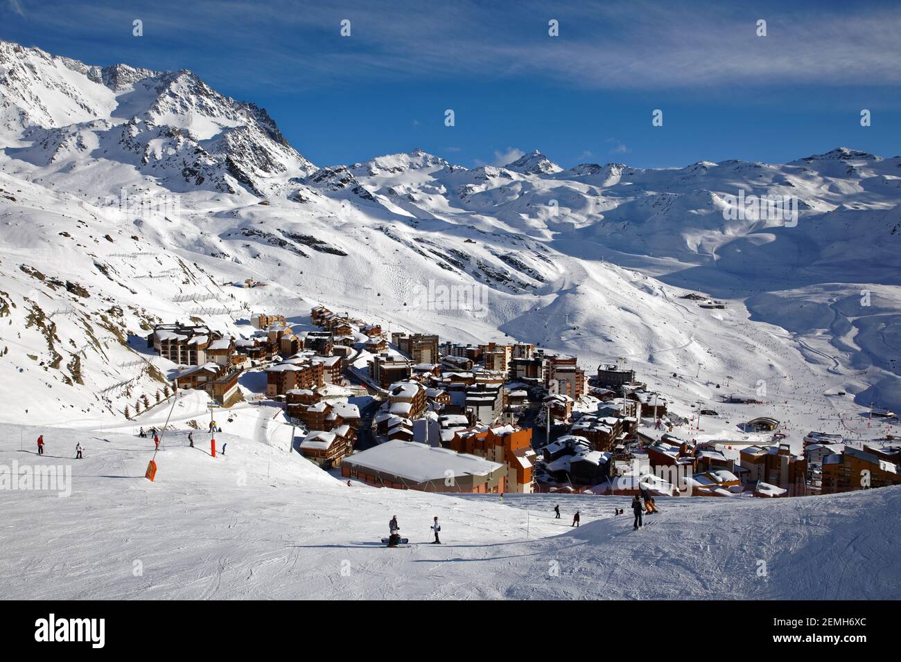 Val Thorens, France - March 7, 2019: Val Thorens is the highest ski resort in Europe at an altitude of 2300 m. The resort forms part of the 3 vallées Stock Photo