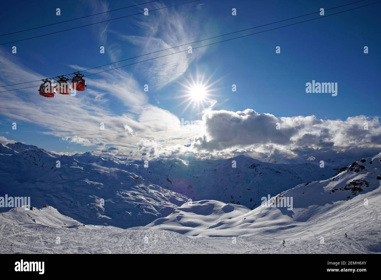 Val Thorens, France - March 7, 2019: Three gondola in the sky of Val Thorens resort Stock Photo