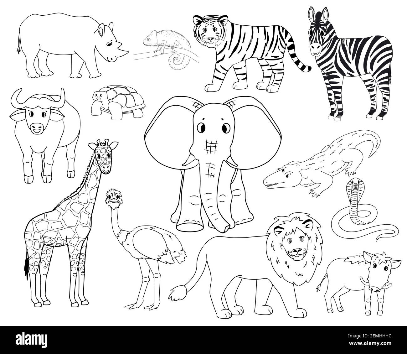 Set of white cartoon isolated outline Savannah animals. Tiger lion, rhinoceros, common warthog, African buffalo, tortoise, chameleon, zebra ostrich, e Stock Vector
