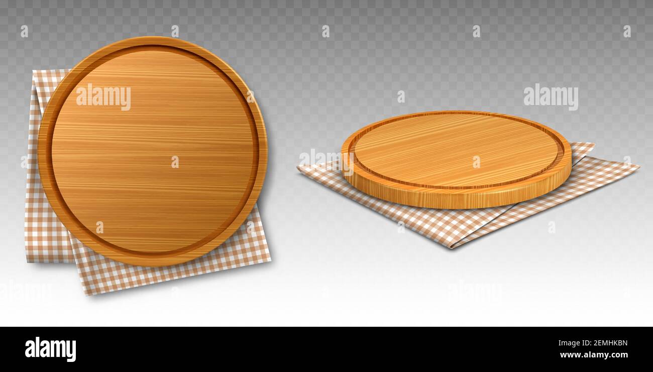 Wooden pizza and cutting boards on kitchen towel. Round trays on folded chequered tablecloth, natural, eco friendly utensils made of wood isolated on transparent background, realistic 3d vector set Stock Vector