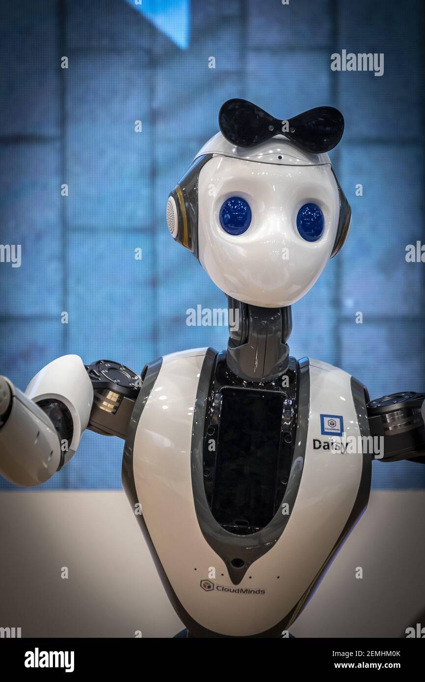 The humanoid robot Cathy of the American company Cloud-minds is seen being  adjusted by technicians during the MWC2019. The MWC2019 Mobile World  Congress opens its doors to showcase the latest news of