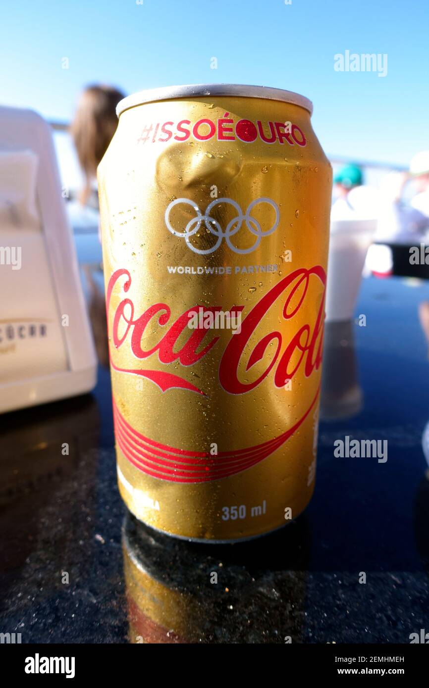Gold coca-cola can one of sponsors of the 2016 Olympics in Rio De Janeiro, Brazil Stock Photo
