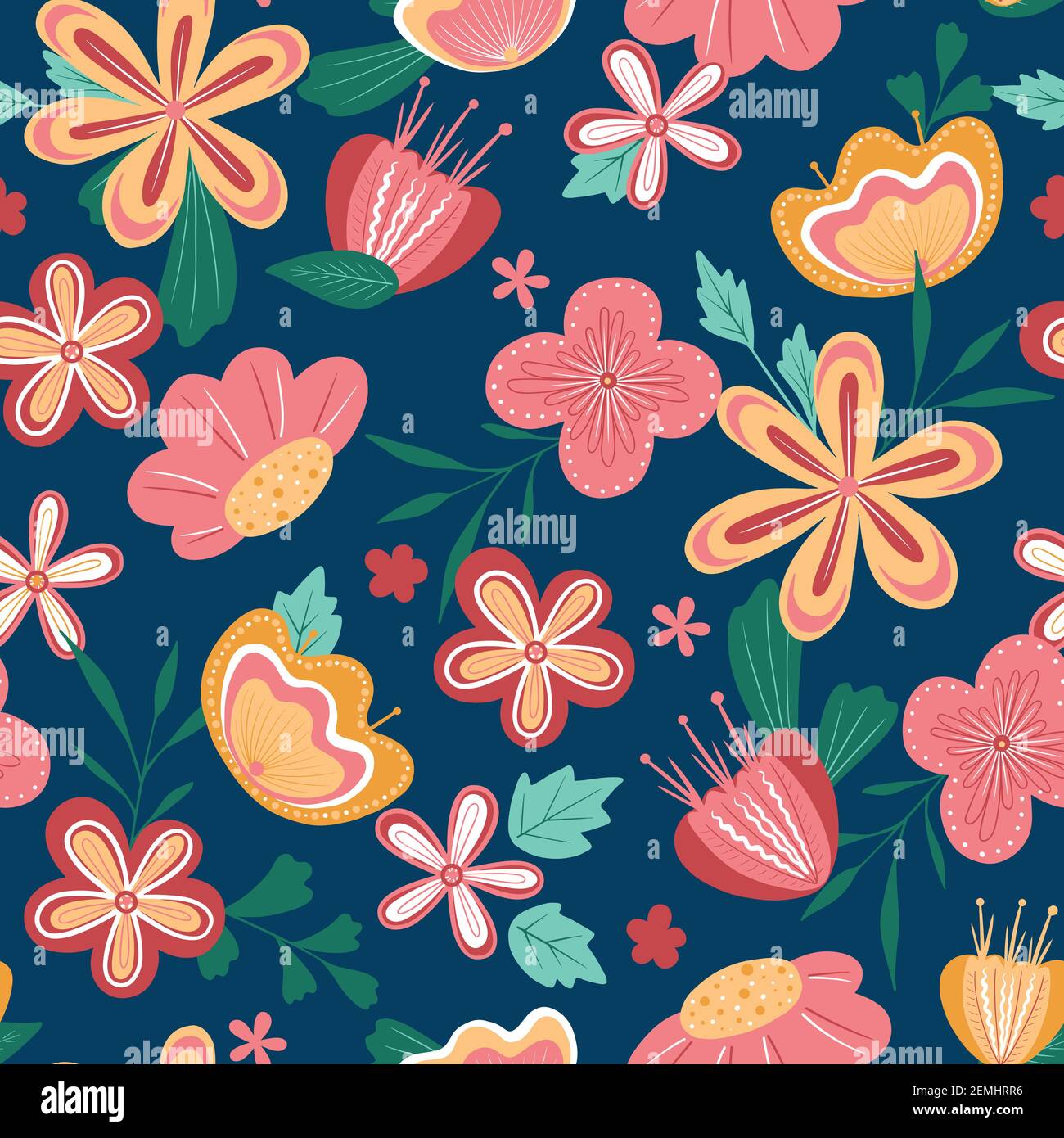 Painted colorful flowers, seamless vector background. bright stylized flowers on a dark background. Stock Vector
