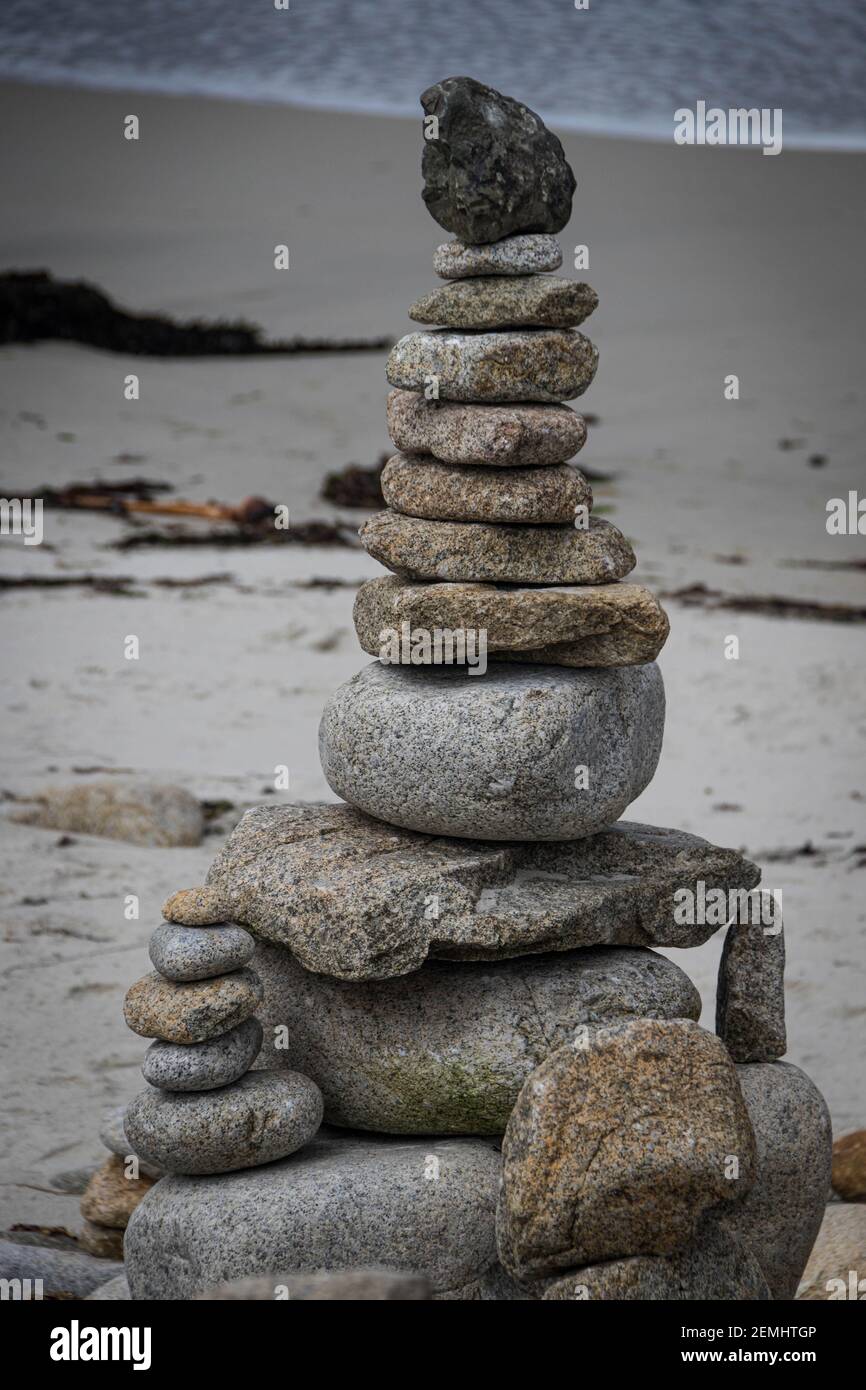 Towers of pebbles on Spanish Bay Beach, California Stock Photo Alamy