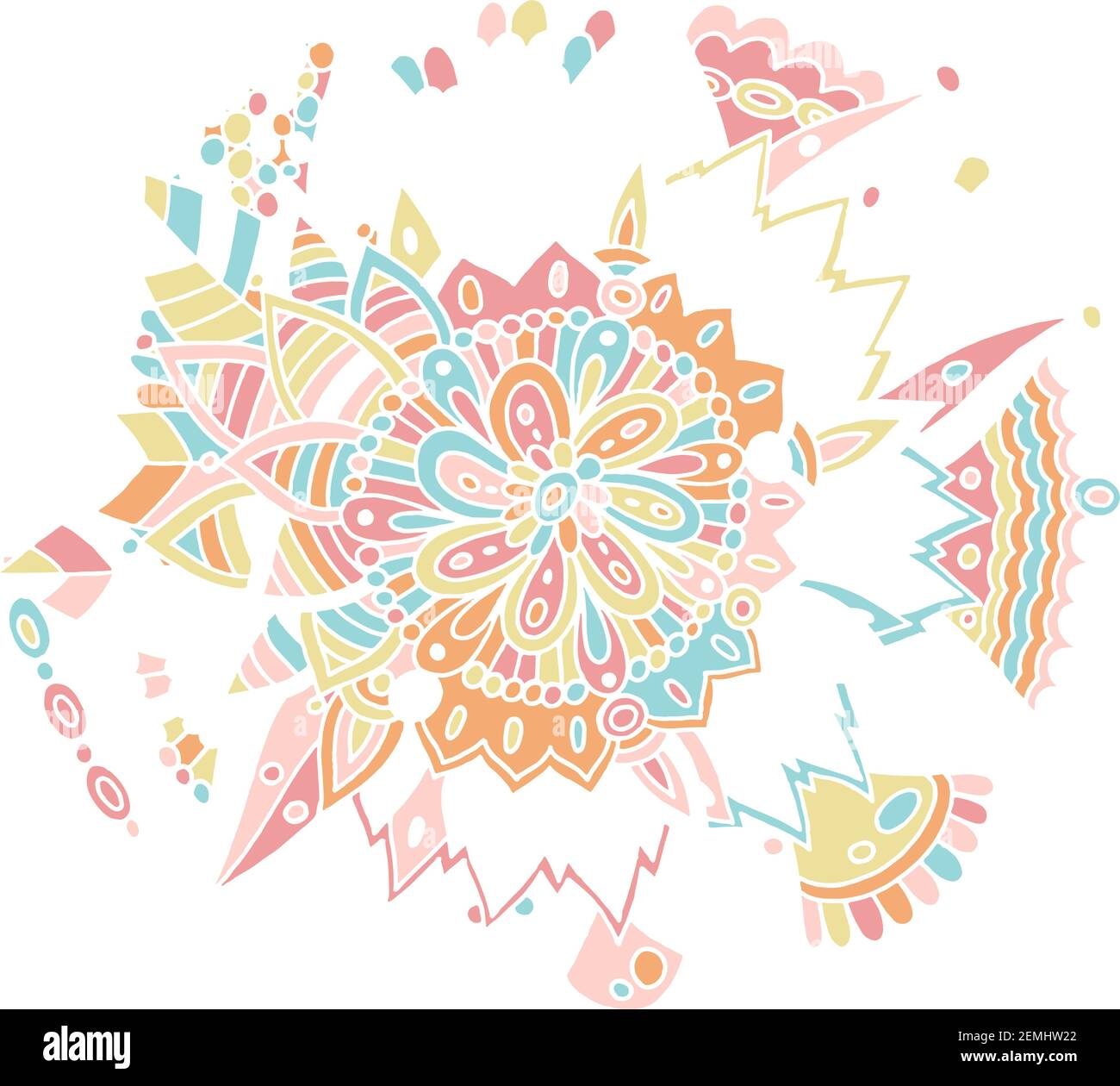 Flower mandala with flowers and leaves. Doodle floral colorful yoga art. Abstract trippy pattern. Psychedelic art. Vector artwork Stock Vector