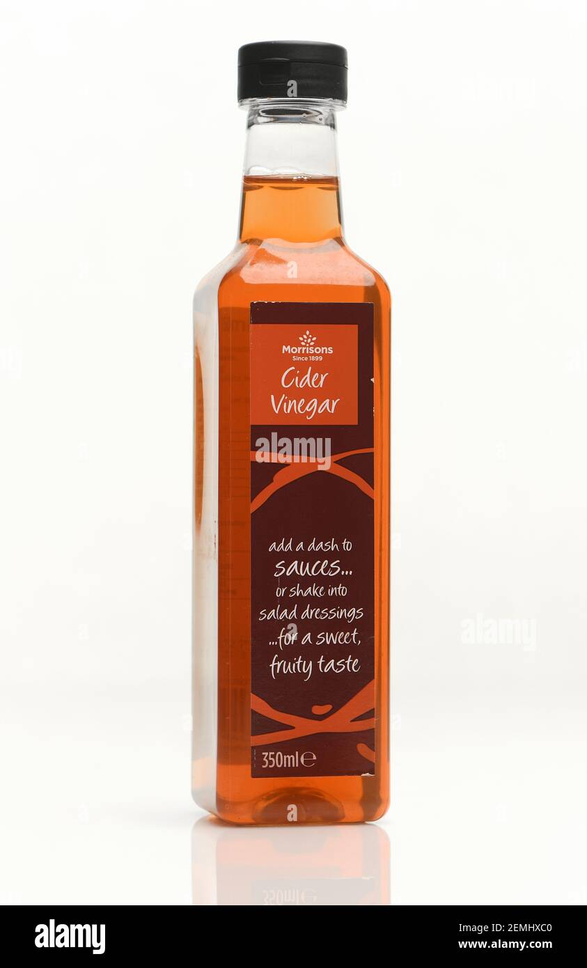 Morrisons Cider Vinegar bottle shot on white background with reflection