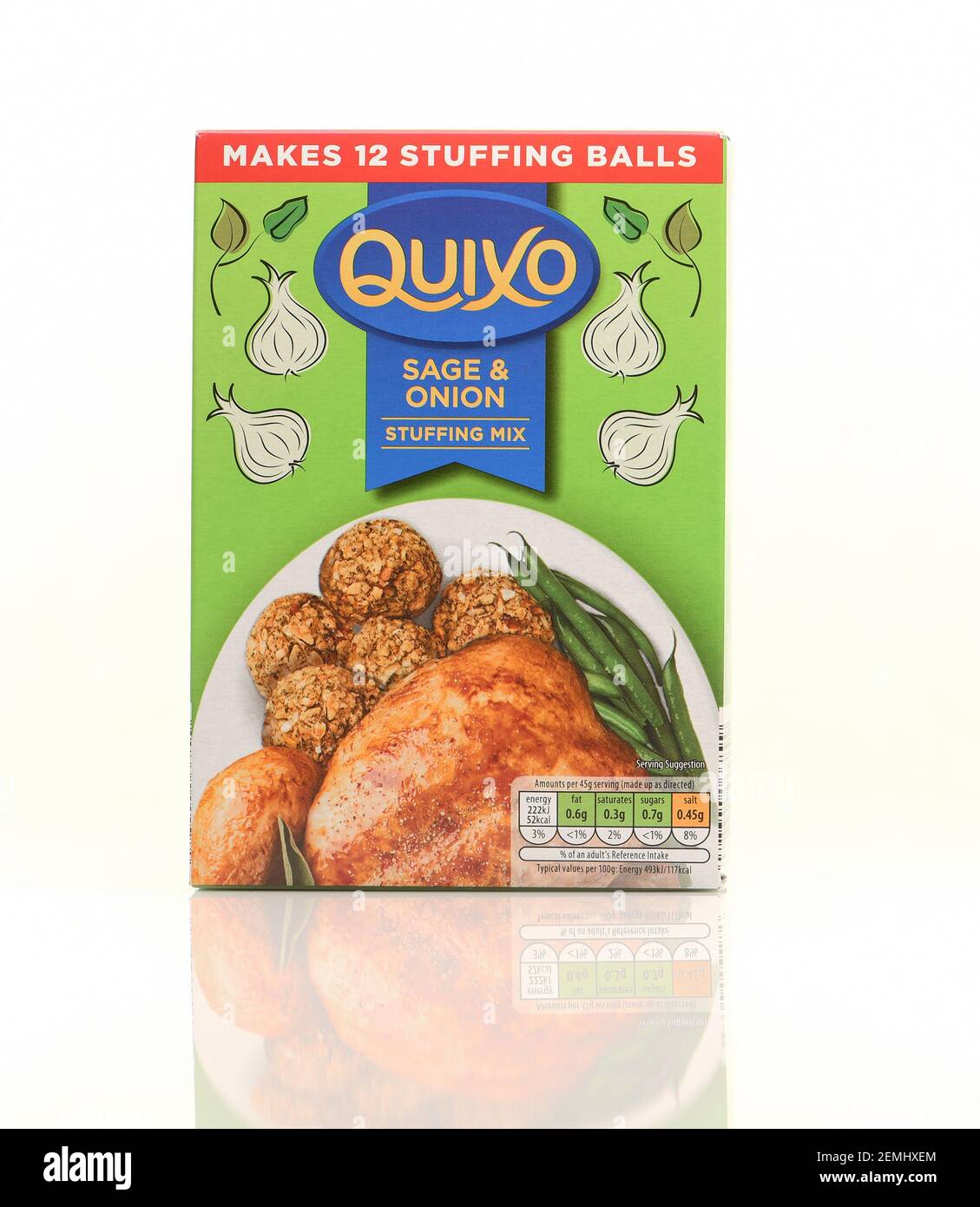Quixo sage and onion stuffing mix product packaging shot on white background Stock Photo