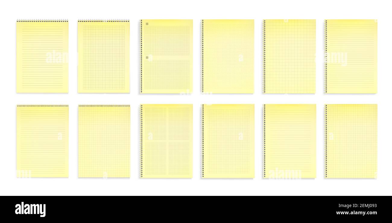 Notebooks with yellow paper in lines, dots and square grid top view. Vector realistic mockup of notepads with spiral wire binders and line pattern isolated on white background Stock Vector