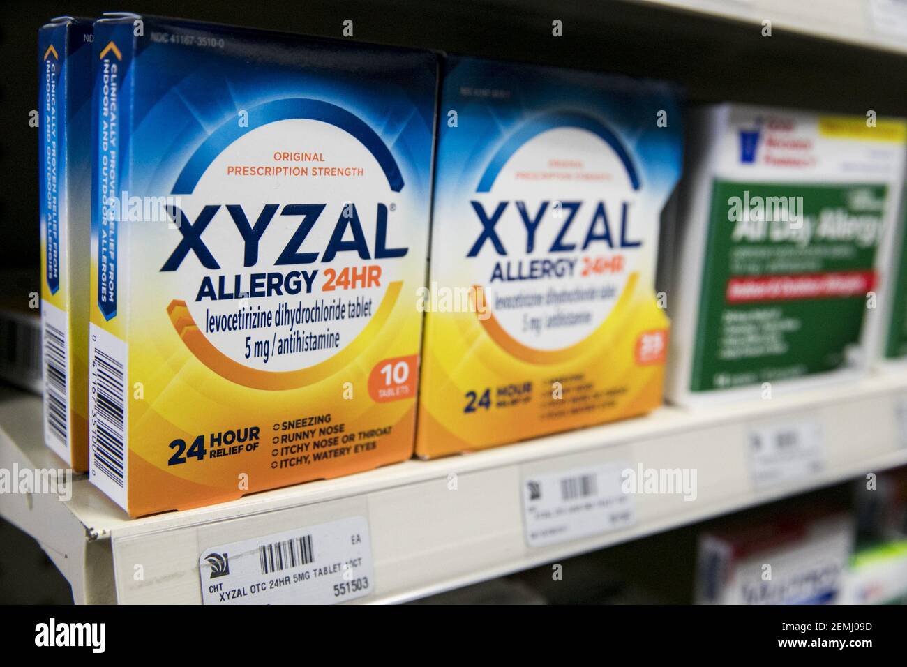 Xyzal Allergy overthecounter medicine photographed in a pharmacy in