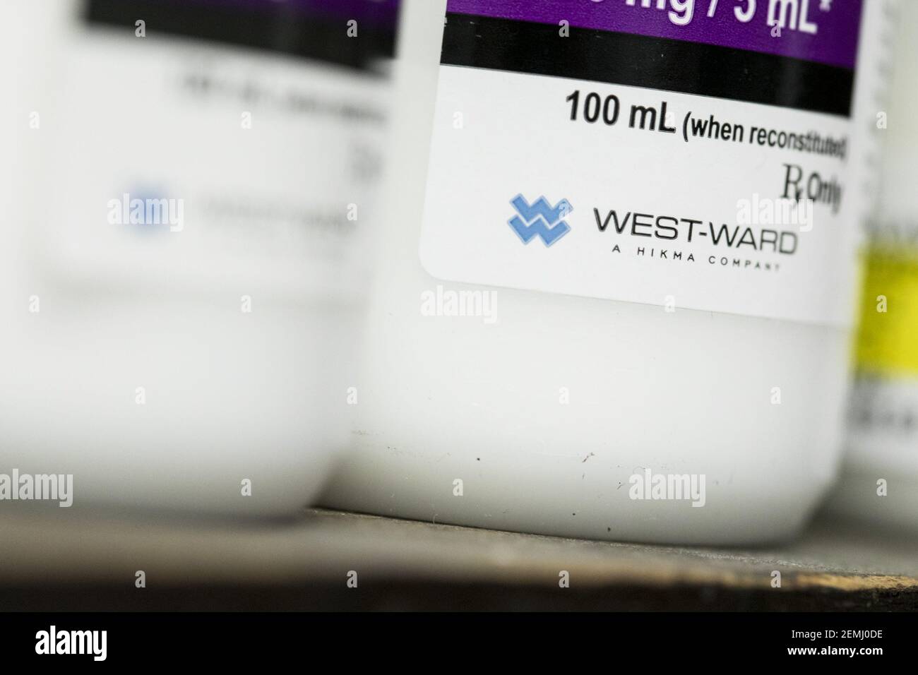 A WestWard Pharmaceuticals logo is seen on a bottle of Amoxicillin